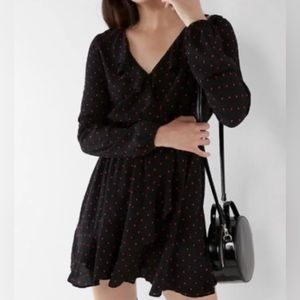 NWT EXPRESS Polka Dot Ruffle Front Long Sleeve Dress-Navy/Red - XXS